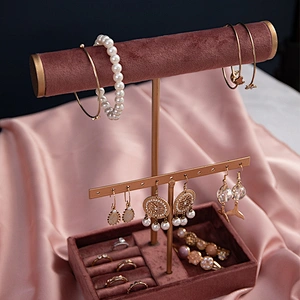 Simple style Jewelry Display Holder Velvet  T bar Watch Bracelet Display Holder With Storage Tray