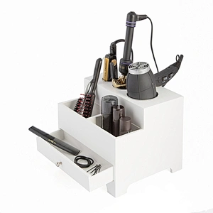 White Black Personal 3 Compartment Wooden Hair Dryer Desk Organizer