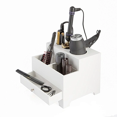White Black Personal 3 Compartment Wooden Hair Dryer Desk Organizer