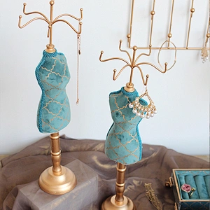 New retro peacock blue bronzing velvet jewelry window display stand set