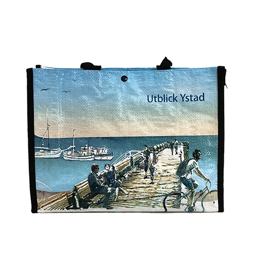 Customized printing recycle pp woven shopping bag with ribbon handle