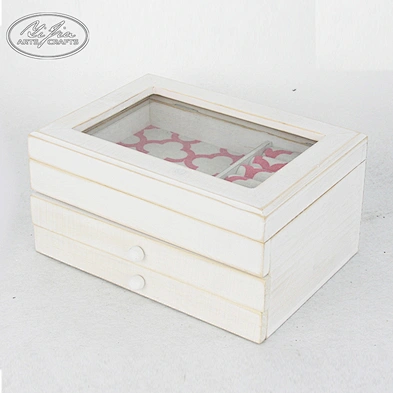 Customized double layer glass lid white wooden jewelry display box with drawer