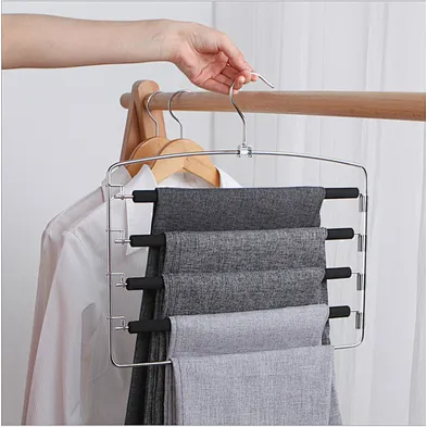 Pants Hangers Space Saver Metal Stainless Slacks Hanger Foam Padded 5 Layers Non-Slip Swing Arms Closet Storage Organizer