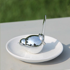 Customized cute ceramic jewelry display ring tray with silver bird