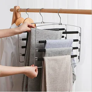 Pants Hangers Space Saver Metal Stainless Slacks Hanger Foam Padded 5 Layers Non-Slip Swing Arms Closet Storage Organizer