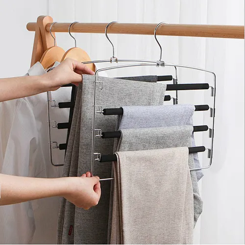 Pants Hangers Space Saver Metal Stainless Slacks Hanger Foam Padded 5 Layers Non-Slip Swing Arms Closet Storage Organizer