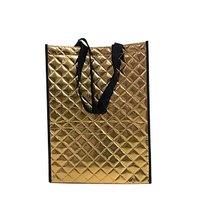 Gold holographic film shopping bag custom printed logo durable waterproof shining laser film non woven tote bag