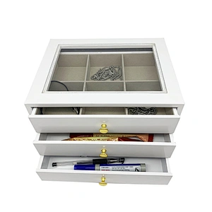 White 3 layer drawer style sundries storage box wood desktop organizer with glass top