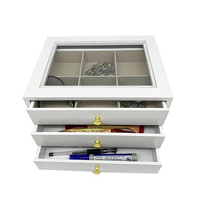 White 3 layer drawer style sundries storage box wood desktop organizer with glass top