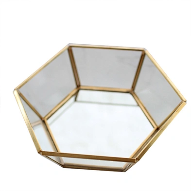Hexagonal Metal Jewelry Glass Ring Holder Tray With Golden Finishing & Mirror Base