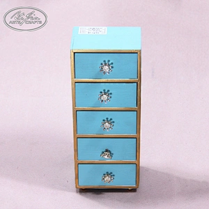 Mini decorative blue 5 drawers fashioned wooden jewelry box