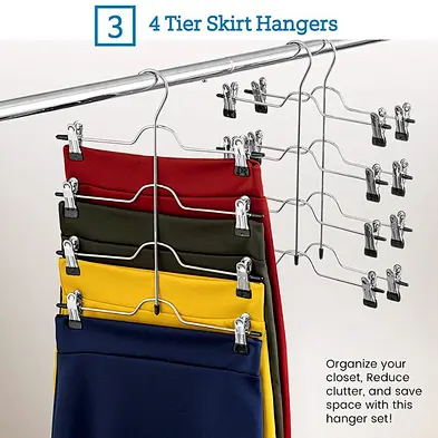 (Set of 3) Space Saving 4 Tier Trouser Skirt Hanger, Sturdy Chrome Non Slip Black Vinyl Clips, Multi Pants Hanger