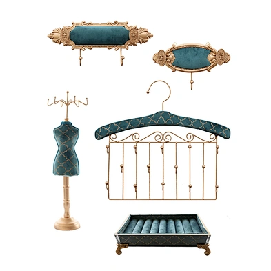 New retro peacock blue bronzing velvet jewelry window display stand set