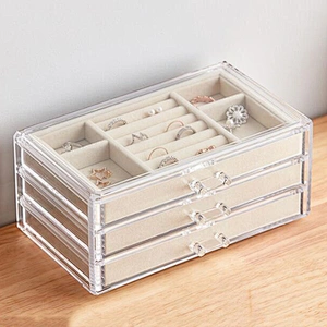 3 Drawers Acrylic Jewelry Box Velvet Jewellery Organizer Earring Rings Necklaces Bracelets Display Case Gift for Women, Girls