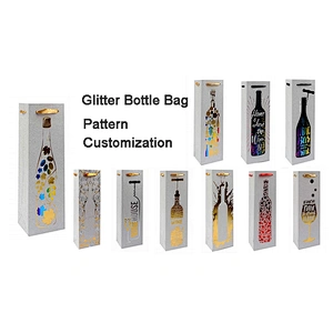 Customized eco friendly glitter wine kraft paper bag hot stamping wine bottle bag with ribbon handle