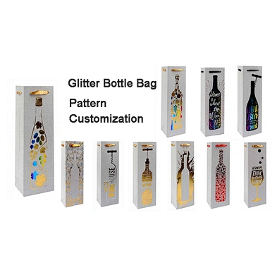 Customized eco friendly glitter wine kraft paper bag hot stamping wine bottle bag with ribbon handle