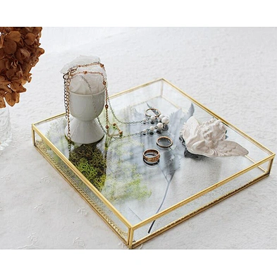 Vintage Copper Edge Transparent Glass Mirror Jewelry Trinket Box Window Display Props Clear Glass Jewelry Box