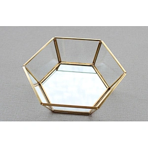 Hexagonal Metal Jewelry Glass Ring Holder Tray With Golden Finishing & Mirror Base