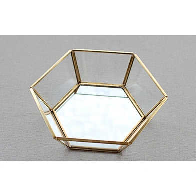 Hexagonal Metal Jewelry Glass Ring Holder Tray With Golden Finishing & Mirror Base