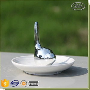 Customized cute ceramic jewelry display ring tray with silver bird
