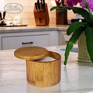 Eco Friendly Wooden Round Bamboo Salt Box With Lid