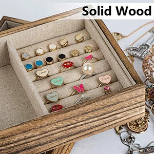 Carbonized Black Double Jewelry Tray with Lid Rustic Wood Necklace Bracelet Ring Jewelry Organizer Box With 2 Stackable Layers