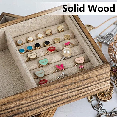 Carbonized Black Double Jewelry Tray with Lid Rustic Wood Necklace Bracelet Ring Jewelry Organizer Box With 2 Stackable Layers