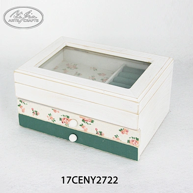 Customized double layer glass lid white wooden jewelry display box with drawer