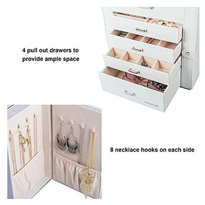 Leather Huge Mirrored Jewelry Box Watch Organizer Necklace Ring Earring Storage Lockable Gift Case Jewelry Cabinet