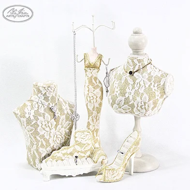 Customized mini gold lace fabric covered wooden jewelry mannequin displays set