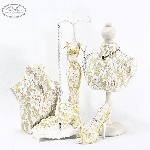 Customized mini gold lace fabric covered wooden jewelry mannequin displays set