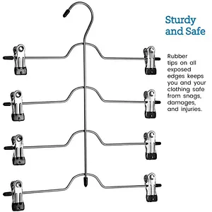 (Set of 3) Space Saving 4 Tier Trouser Skirt Hanger, Sturdy Chrome Non Slip Black Vinyl Clips, Multi Pants Hanger