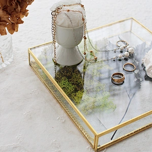 Vintage Copper Edge Transparent Glass Mirror Jewelry Trinket Box Window Display Props Clear Glass Jewelry Box