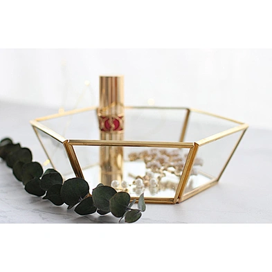 Hexagonal Metal Jewelry Glass Ring Holder Tray With Golden Finishing & Mirror Base