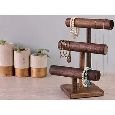 Three Tier Hardwood Jewelry Display Stand Handmade Solid Wood T-Bar Necklace Bracelet Watch Display Stand