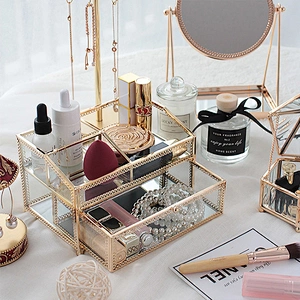 Princess European Jewelry Box Luxury Jewelry Organizer 2 Layer Drawer Metal Glass Jewelry Storage Box