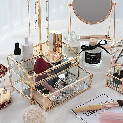 Princess European Jewelry Box Luxury Jewelry Organizer 2 Layer Drawer Metal Glass Jewelry Storage Box