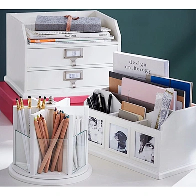 White 3 layer drawer style sundries storage box wood desktop organizer with glass top