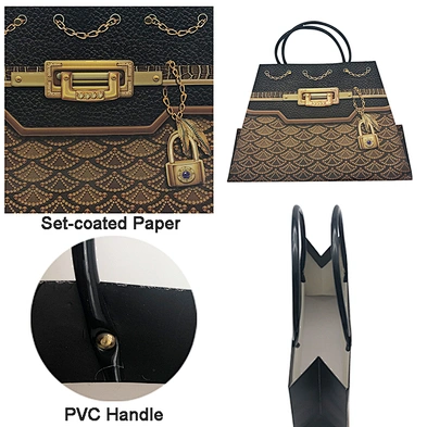 New design fashion gift packing paper bags with metal chain handle printing