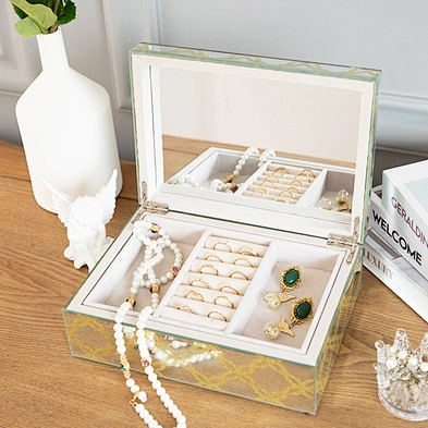 Rectangle Gold Stripe Luxury Love Mirror Glass Jewelry Box With Velvet Inside