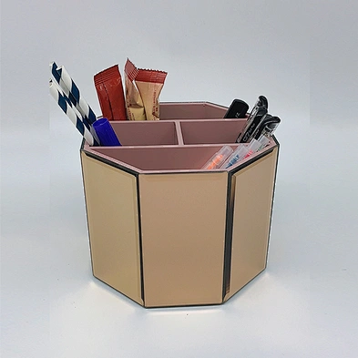 Desktop Storage Holder Rose Gold Home Makeup Brush Holder Office Stationery Organizer 4 Compartment wooden Pen Holder with glass