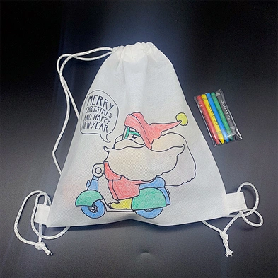 Customized Christmas DIY Painting Drawstring Bag Non Woven Drawstring Bags With Crayons
