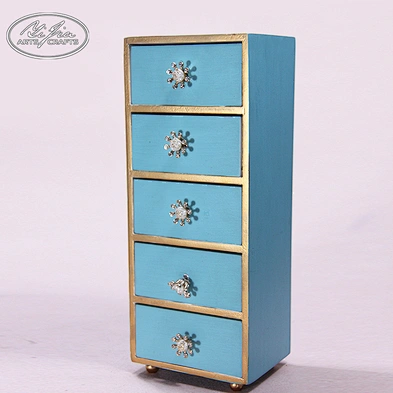 Mini decorative blue 5 drawers fashioned wooden jewelry box
