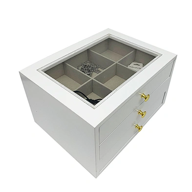 White 3 layer drawer style sundries storage box wood desktop organizer with glass top