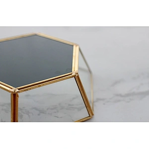 Hexagonal Metal Jewelry Glass Ring Holder Tray With Golden Finishing & Mirror Base