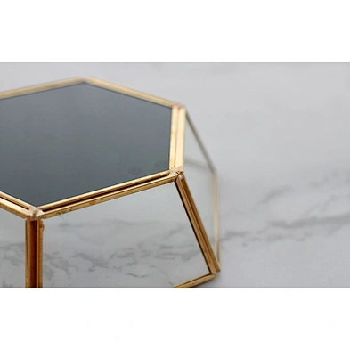 Hexagonal Metal Jewelry Glass Ring Holder Tray With Golden Finishing & Mirror Base