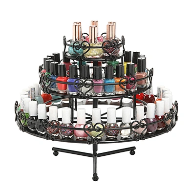 Black metal 3-tier rotating cosmetic nail polish organizer rack