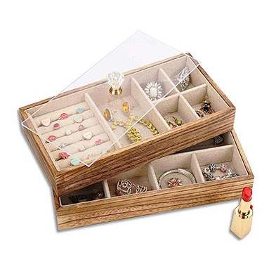 Carbonized Black Double Jewelry Tray with Lid Rustic Wood Necklace Bracelet Ring Jewelry Organizer Box With 2 Stackable Layers