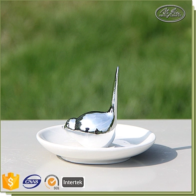 Customized cute ceramic jewelry display ring tray with silver bird