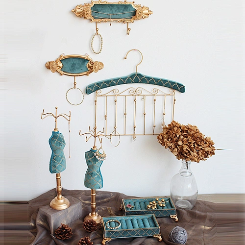 New retro peacock blue bronzing velvet jewelry window display stand set